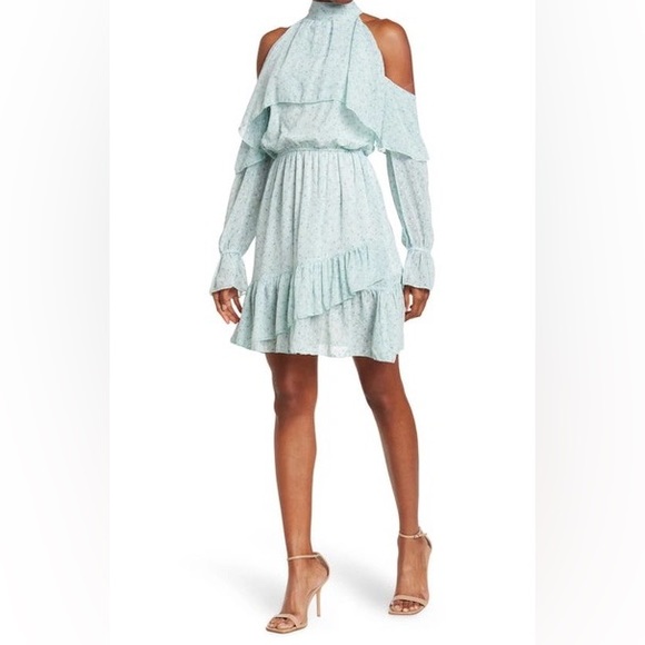 the fashion poet Dresses & Skirts - NWOT The Fashion Poet Clip Dot Cold Shoulder Ruffle Long Sleeve Dress